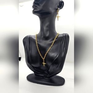 3-Layered 18k Gold Plated Cross Earrings & Necklace Set